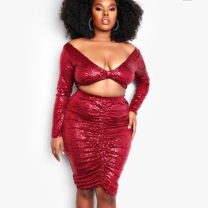 SEQUIN HIGH WAISTED RUCHED SET- BURGUNDY 4X